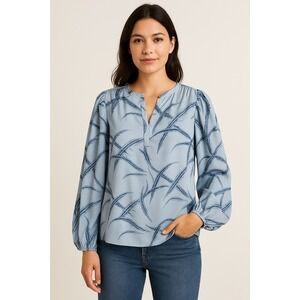 Emily McCarthy Anthropologie Blue Printed Blouse Blouson Sleeves Size S